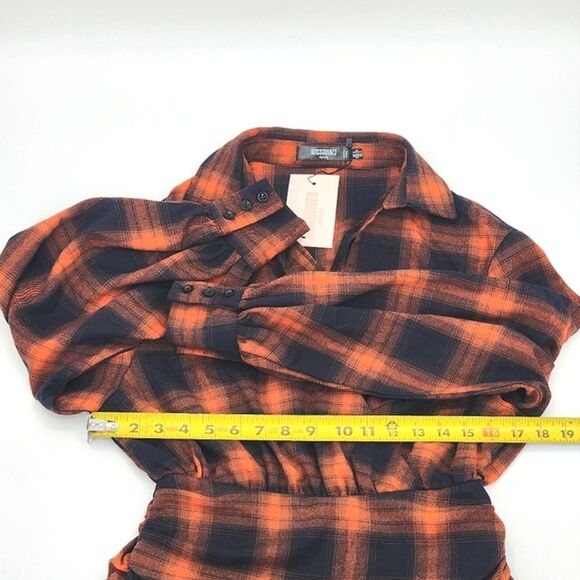 Missguided Petites Wrap Playsuit Size 2 Women Orange Black Plaid Brushed Flannel - Picture 5 of 11